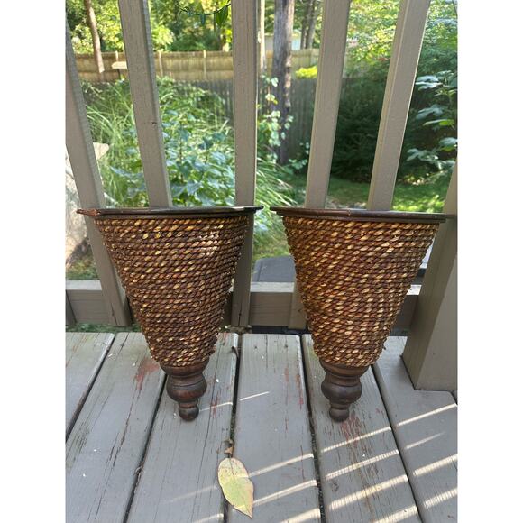 Set of 2 wicker wall shelves sconces plant holders display jute wood pair hang - Picture 11 of 16